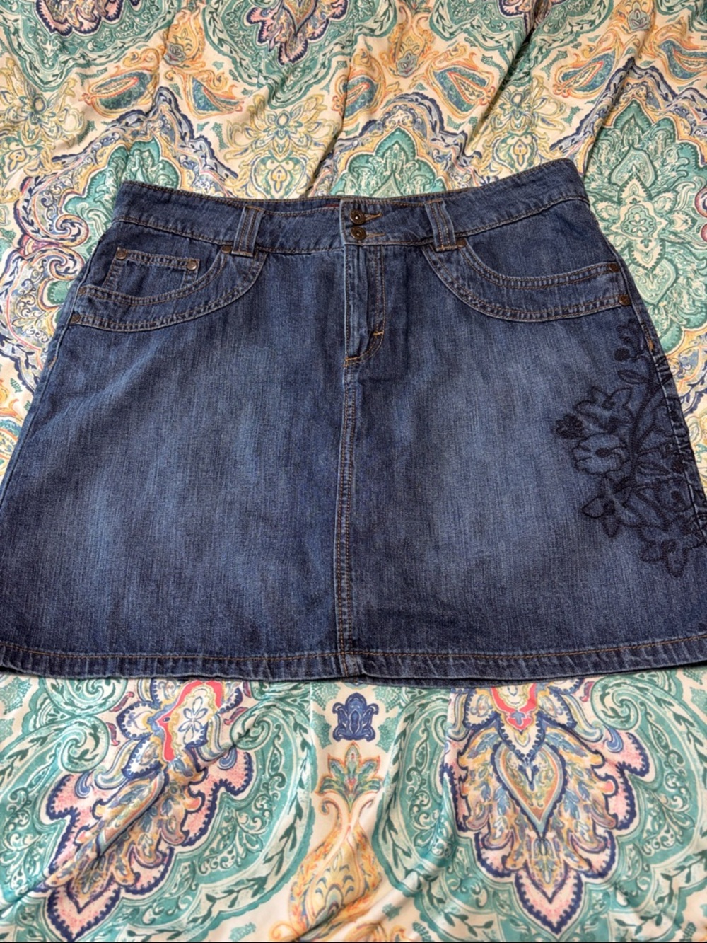 Classic Dark Blue Denim skort with  Embroidered Detail